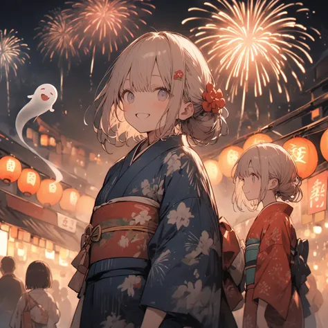 super cute twin girls、Summer Festival、yukata、 Fireworks、Ghost