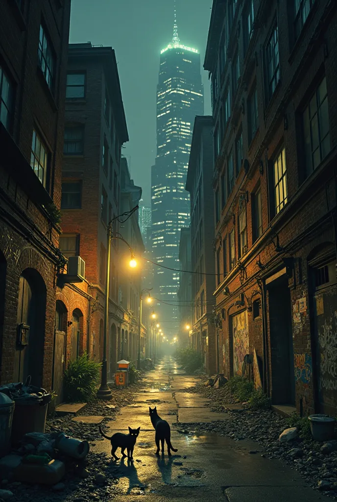 Draw a night city, an alley between houses 