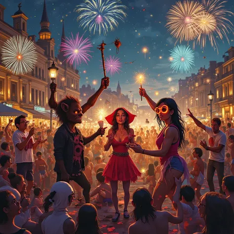 Monster Festival. Bright summer night, a crowd of people in creative monster costumes are having fun in the city square, colorfu...