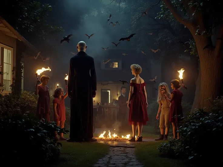  halloween party at the Munsters, the Adams family celebrates a garden party at night with torches and bats flying around, the i...
