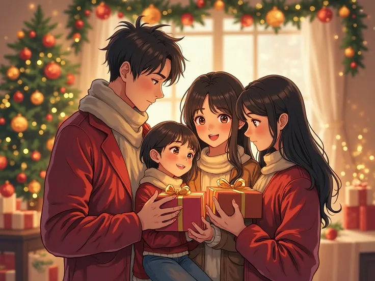 Famille Noël manga habillé en tenue de Noël tient des cadeaux dans les bras dans un décor de Noël  interieur