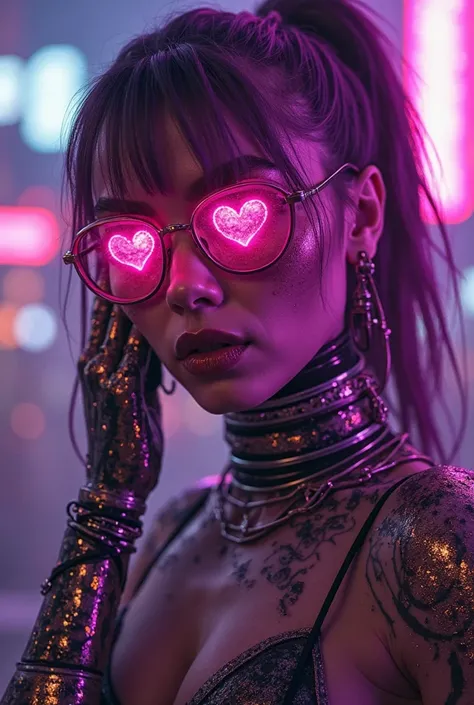 A cyberpunk queen named Jankz with vibrant purple skin, glowing heart-shaped pupils in her bare eyes (no glasses), intricate cyb...