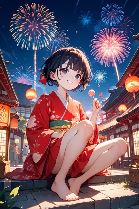 Japan　festivity　 Fireworks　Night Sky　old age　short　small　small胸　Smile Yan　white skin　dark haired　 quick　short hair　Neat hair　Dar...