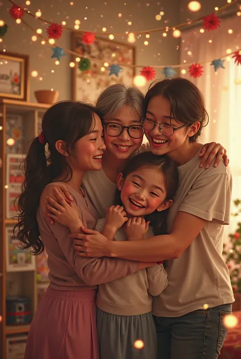 a happy family with 3 beautiful daughters and two parents hugging each other and grandma having fun on the occasion of the 2026 ...