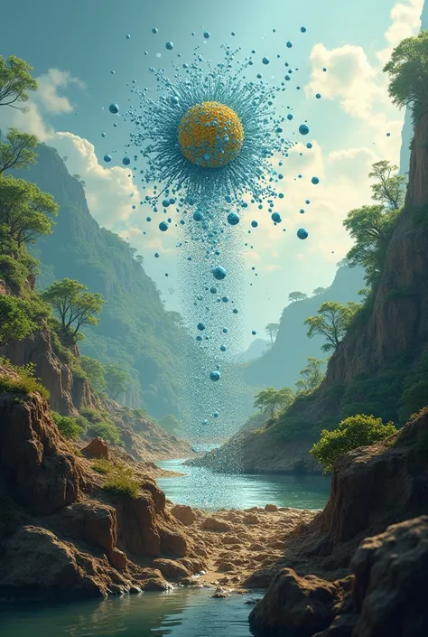Illustration showing nanoparticles interacting with water, soil, and air pollutants.

