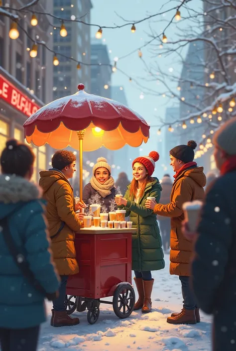 Create an image where people are giving away hot drinks