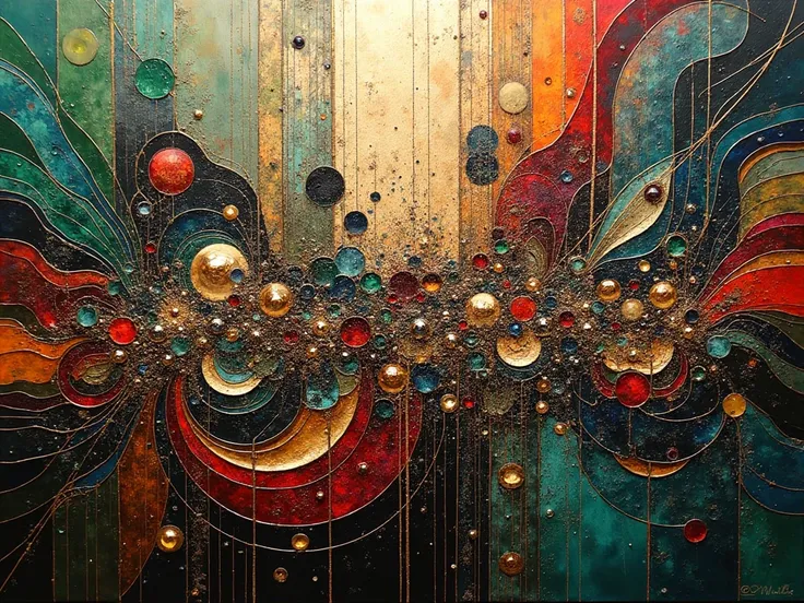 "A highly intricate abstract painting composed of a complex tapestry of interwoven shapes, lines, and textures. The composition ...