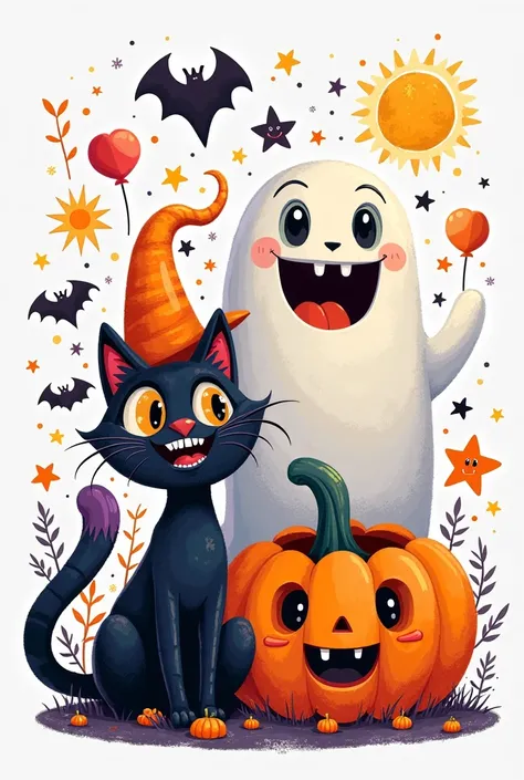 Create a photo with Halloween elements, estilo desenho, colorido, fundo branco 