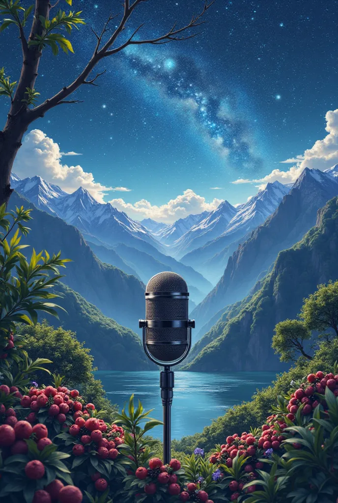  image for Serrana Stereo 104.7 FM Closer to Las Estrellas, with a microphone, mountains with snowy peaks coffee plants, flores,...