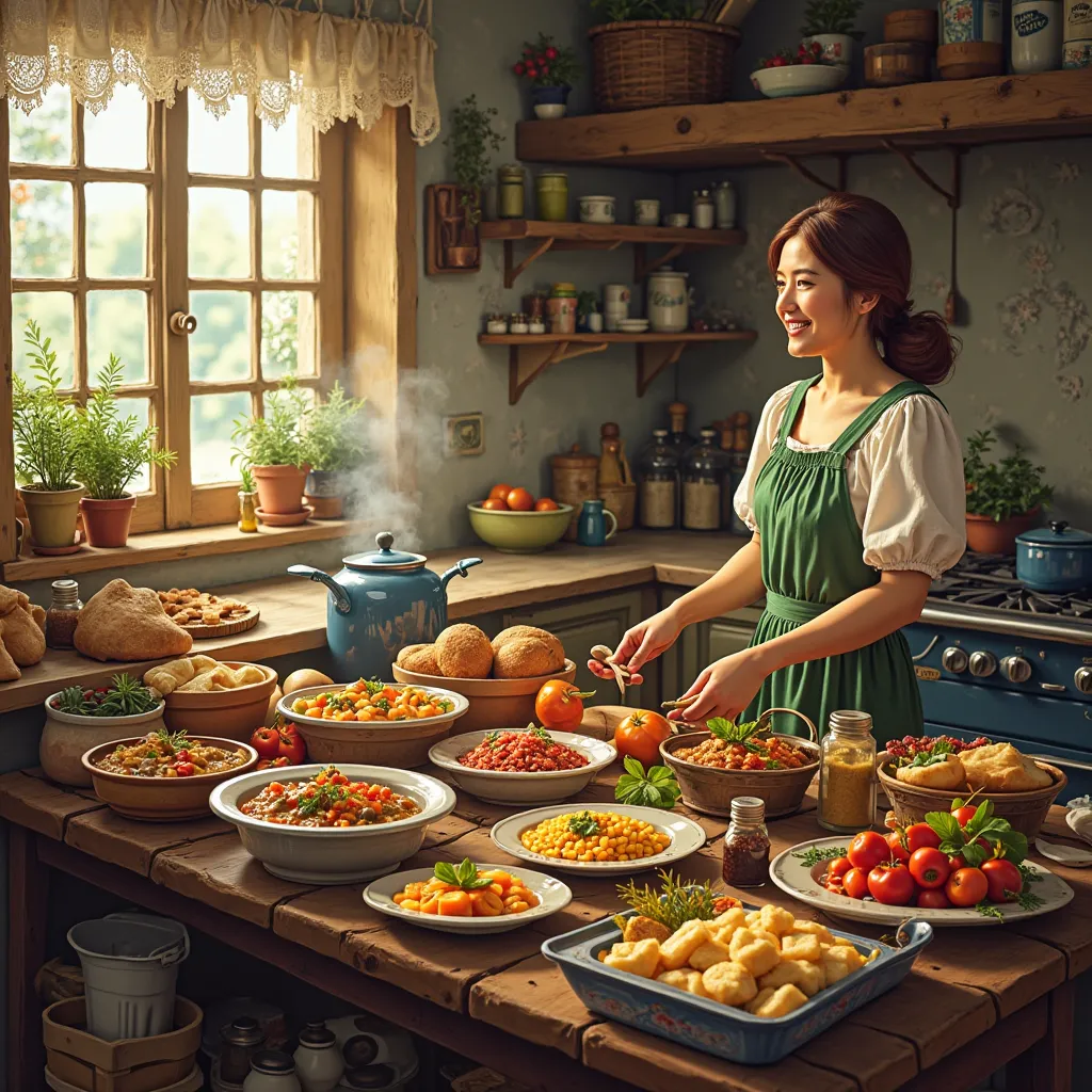 A vibrant, cozy Irish kitchen scene with a wooden table filled with an assortment of colorful foods — fresh bread, hearty stews,...