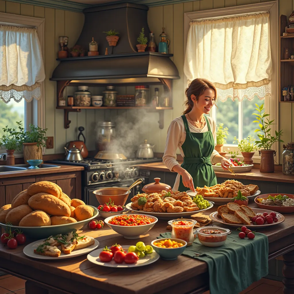 A vibrant, cozy Irish kitchen scene with a wooden table filled with an assortment of colorful foods — fresh bread, hearty stews,...
