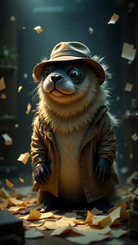 plump and fluffy seal dressed as a detective particular, wearing crooked fedora hat, dark glasses falling from the nose, crumple...