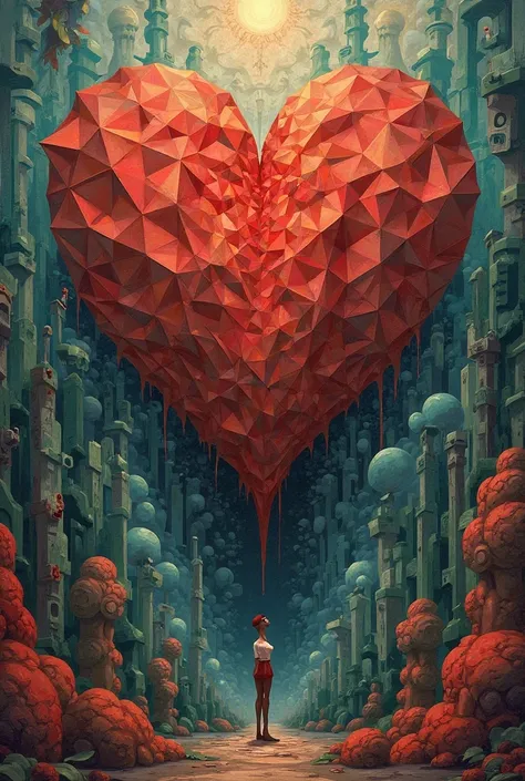 Create an image of a heart in cubism and depict stage background in surrealism form. The whole thing should be about emotions