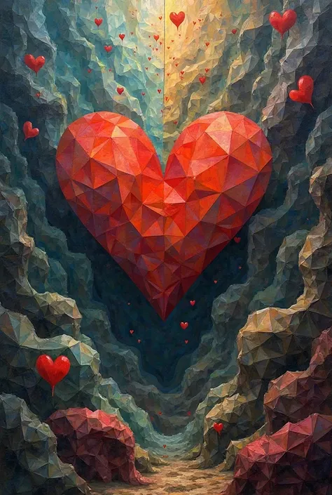 Create an image of a heart in cubism and depict stage background in surrealism form. The whole thing should be about emotions