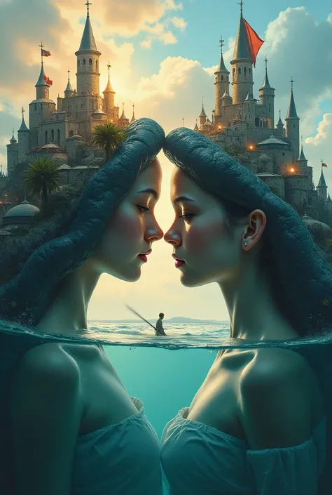 Double exposure, oil painting, dark fantasy style:
A beautiful girl with gills on her neck and a handsome young man with gills o...