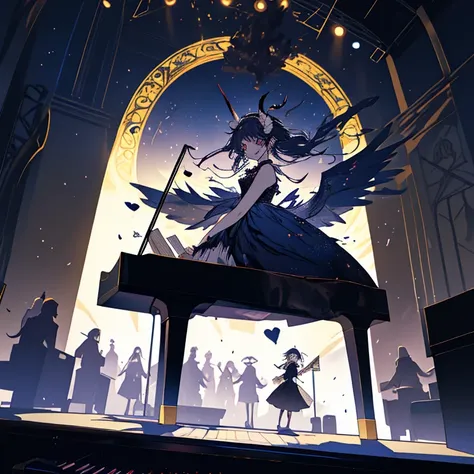 テーマorchestraクラシック音楽、multiple scores and notes are floating in the air at night、Dark Fantasy Gothic Lolita Girl Black Purple Grad...