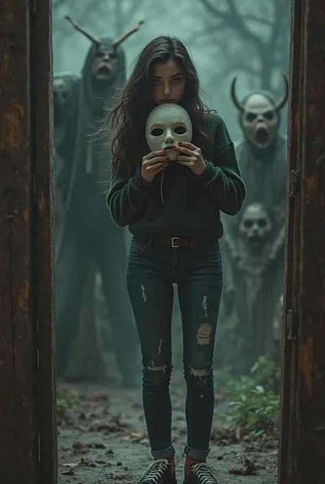 A beautiful 20 year old girl holding a mask wearing jeans a sweater and convers Halloween vibe background and monsters behind 