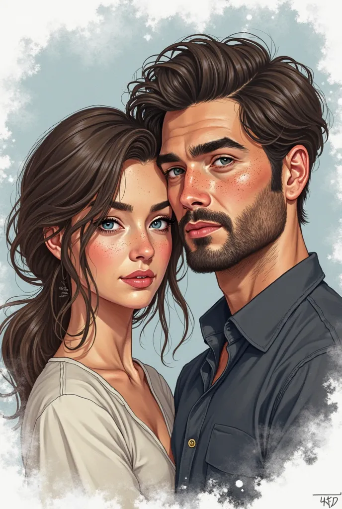 Draw a couple together in a relationship: (man: de género masculino. He has immense blue-gray eyes like rain with a falcon look ...