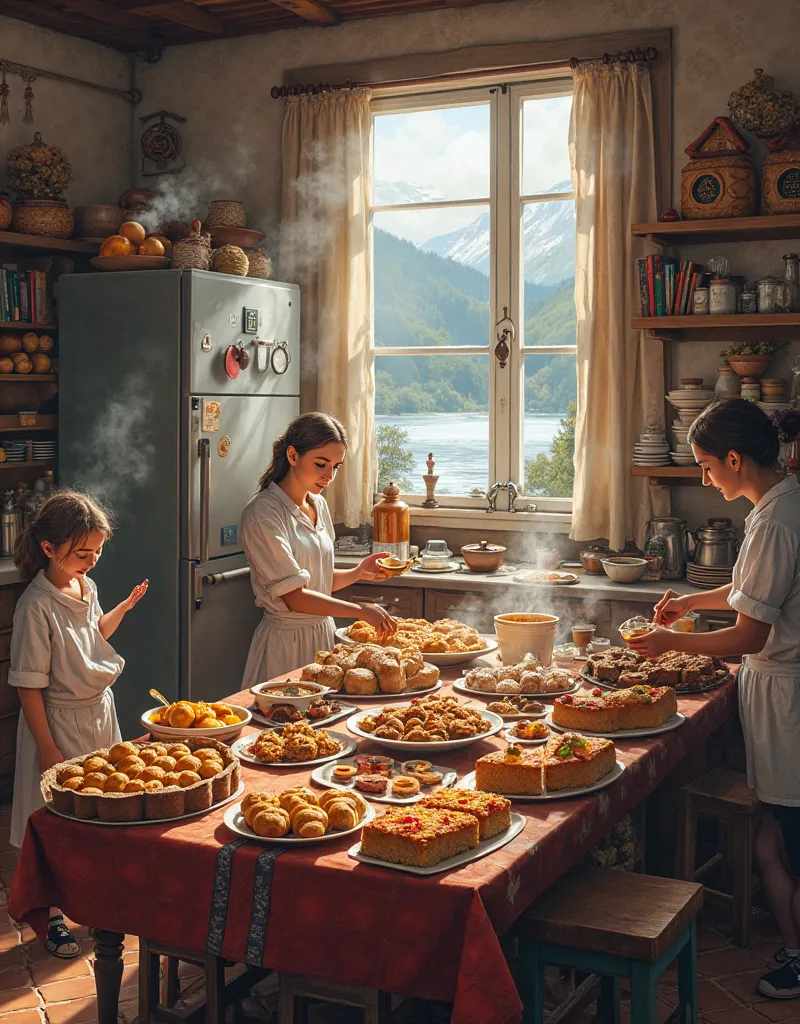  the big chaotic slavic kitchen, fridge, dozen of pirozhki on table and slavic foods and medovik tort, a vindow overlooking a  b...