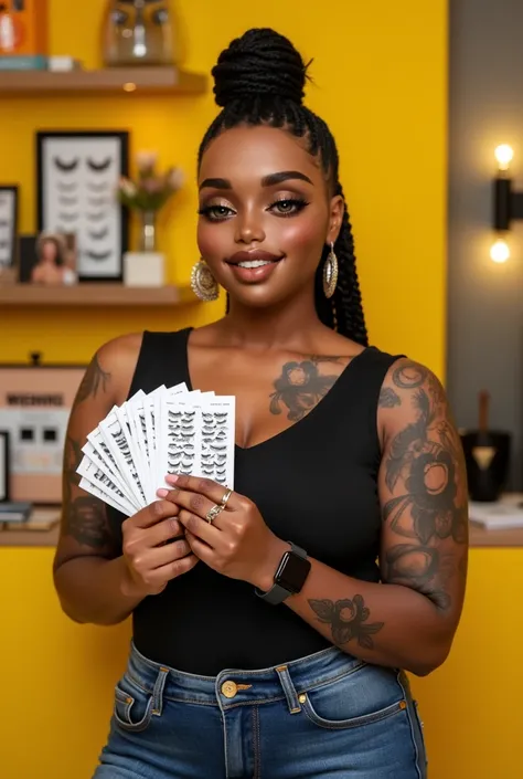 A beautiful Black American woman with glowing skin, a full figure-eight shape, and a confident fashion style. She is inside a tr...