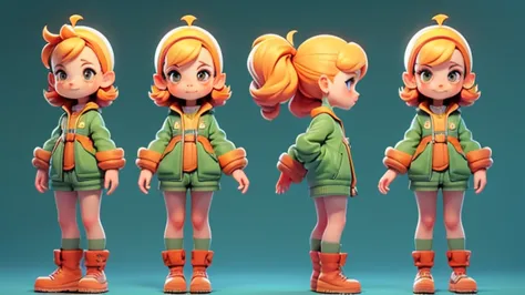 Cute two-headed girl character, character sheet, plain background