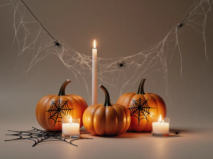 Minimalistic Halloween flat lay with pumpkins, candles, spider web decor, empty space for text, photorealistic, ultra high quali...
