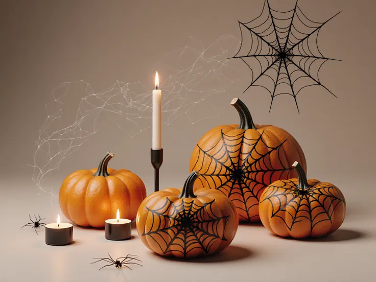 Minimalistic Halloween flat lay with pumpkins, candles, spider web decor, empty space for text, photorealistic, ultra high quali...