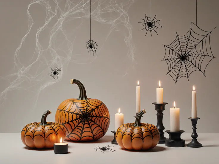 Minimalistic Halloween flat lay with pumpkins, candles, spider web decor, empty space for text, photorealistic, ultra high quali...