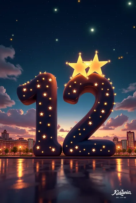 Large 3D number 12 styled in the KidZania logo font — playful, bold, curvy, whimsical lettering with a fantasy look. The structu...