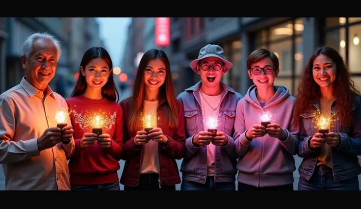 Collage showing seniors, adults, and students all happily holding glowing Tesla Pi phones, Apple iPhone in the corner cracked, b...