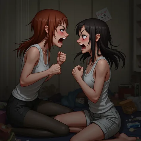 masterpiece quality, best quality, realistic, ultra realistic, Two women, mid 20s, different hair colors, arguing in a messy apa...