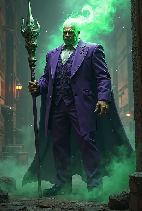 make a super villain in a purple suit who holds a staff and has super strength to make green farts