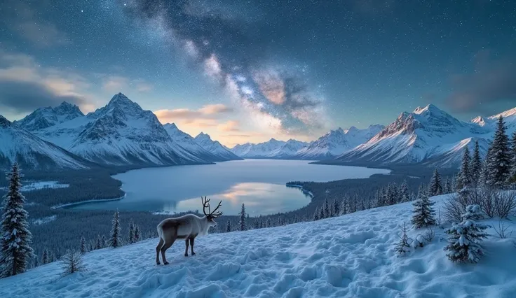 Northern white reindeer in a fairy tale world. A breathtaking panoramic view of the arctic wilderness. Cinematic long shots from...