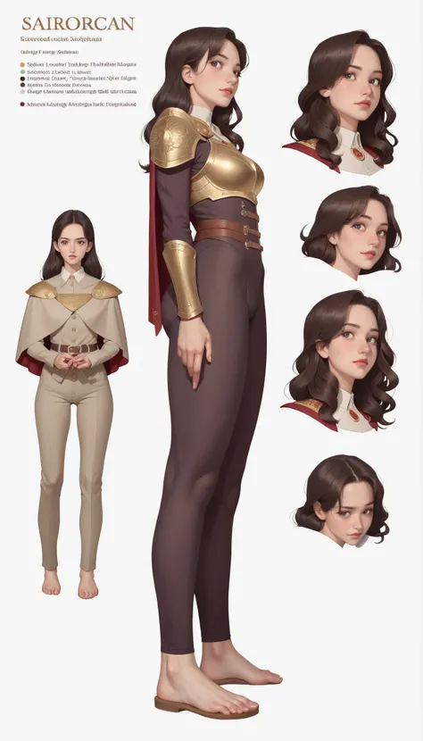 Detailed character sheet, Front view, Side view, Oblique view, with a white returnground, show women, 30 years old, with short d...