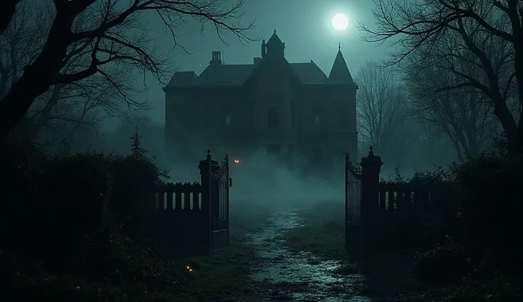 Cinematic horror banner for YouTube channel 'Whispers in the Dark'. Shows an abandoned haunted villa at night, overgrown garden,...