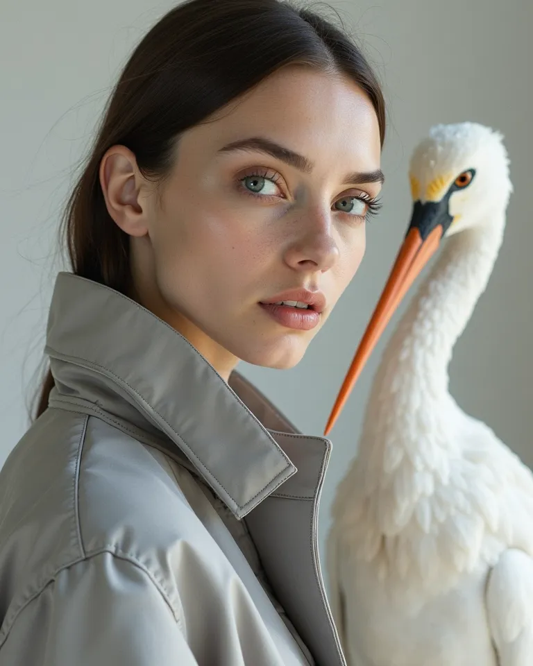 close-up studio portrait of a European female model with strong bone structure, wearing a sculptural stone-grey Balenciaga jacke...