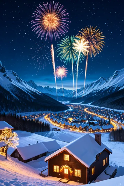 A snowy alpine village at night, houses covered in snow, warm golden lights glowing from windows, creating a magical winter atmo...