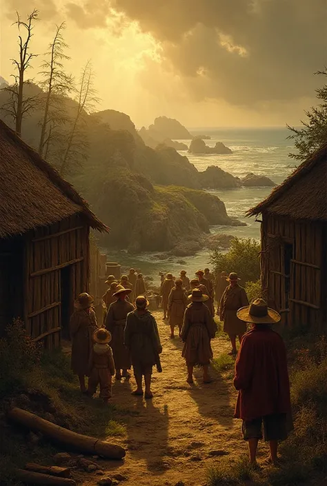2📷 Prompt: Detailed painting of 16th-century English settlers in traditional clothing, building wooden huts on a wild coastal is...