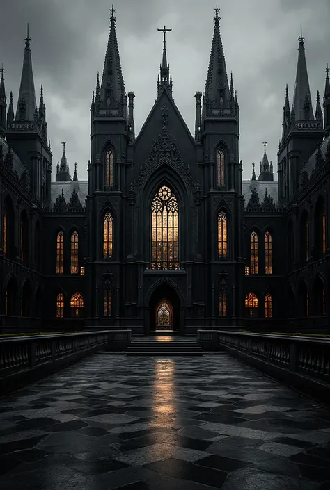 A vast and imposing university building stands in striking black, its polished surfaces gleaming with refined elegance. The gran...