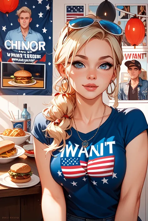 I want a delicious picture of a hamburger with melted cheese on the front with the American flag in the background, make it an o...
