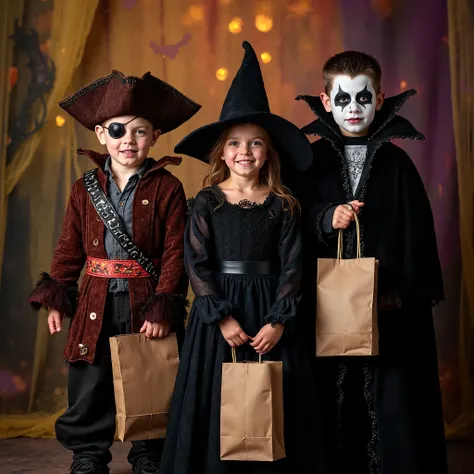 Create a professional photo of three children with costumes and professional makeup for Halloween, A 7-year-old boy dressed as P...