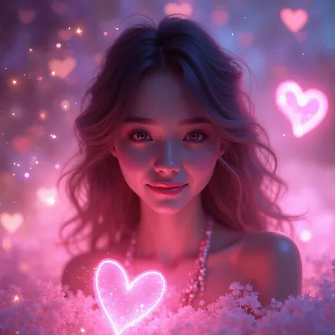 Photorealistic, cinematic, young woman in a serene and magical environment, soft glowing aura around her, vibrant love energy ra...