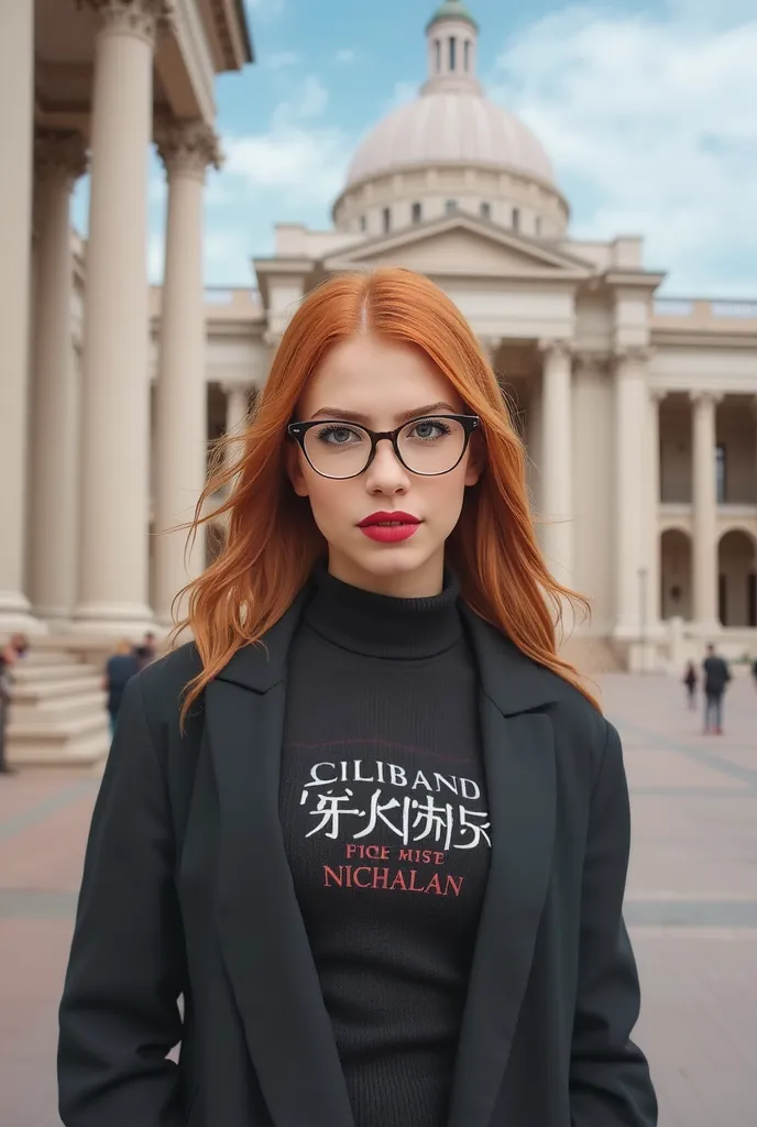 The image portrays a woman standing against a backdrop of a plaza with historical architecture, including classical columns and ...
