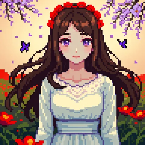 Brown haired woman. masterpiece, best quality, ultra-detailed, 1 girl, young woman, beautiful face, long flowing hair, flower cr...