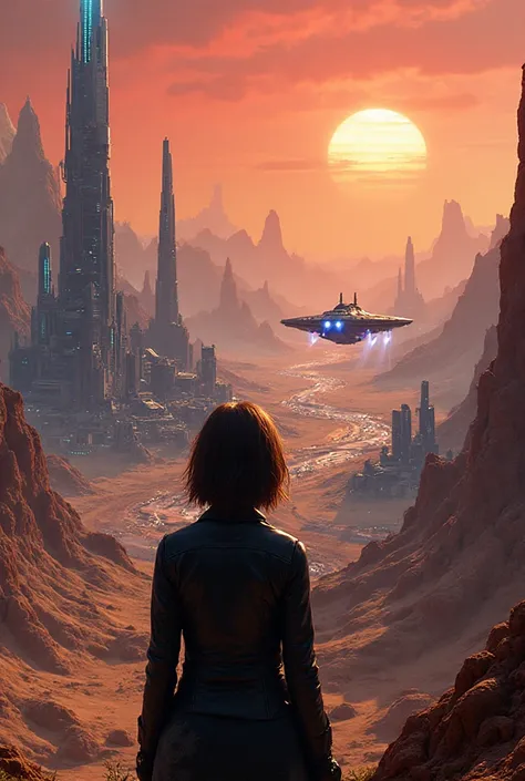 A futuristic cityscape on a distant planet with a sprawling metropolis of sleek skyscrapers and neon-lit streets, surrounded by ...