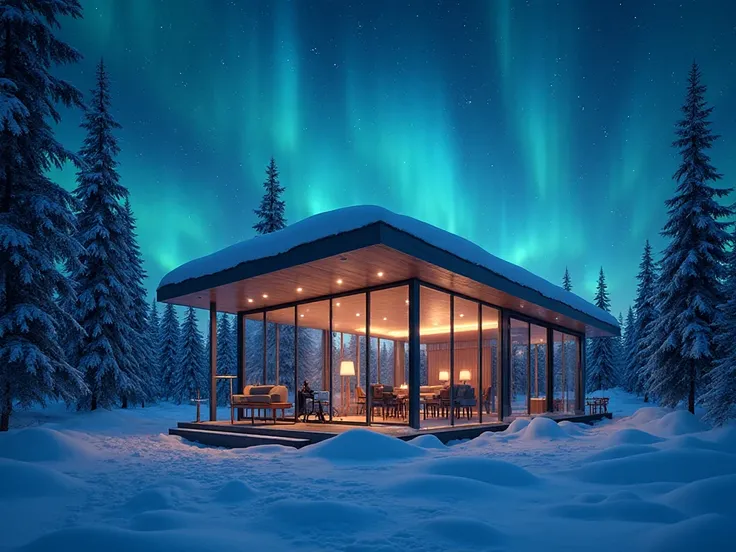 A realistic wide-angle photograph of a modern wheelchair-accessible glass cabin in snowy Lapland wilderness, large windows facin...