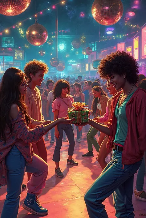 is a classic scene from the eighties, eighties clothes 1980 , dance party,The distribution of gifts