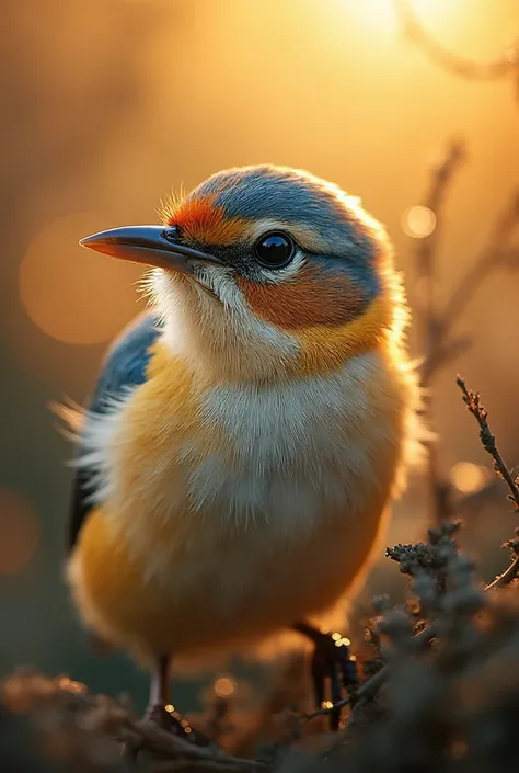 A mesmerizing close-up portrait of a gorgeous little bird illuminated by the soft, golden light of a tranquil morning, with vibr...