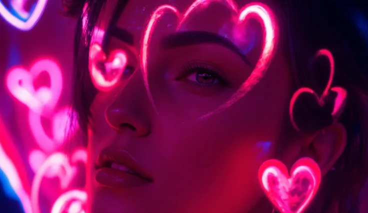 Hyper realistic close up of a woman’s face. Surrounded by neon love hearts 