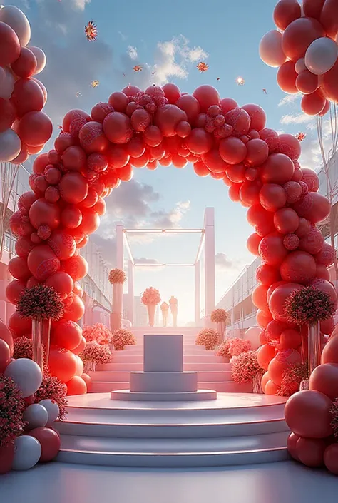 An F1 theme balloon arch with a podium in the middle and a trophy at the side as a prop